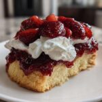 Close-up of a fluffy square of shortcake topped with macerated strawberries and whipped cream.