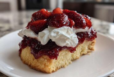 Close-up of a fluffy square of shortcake topped with macerated strawberries and whipped cream.