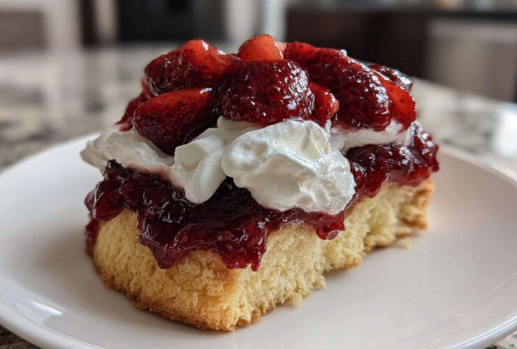 Close-up of a fluffy square of shortcake topped with macerated strawberries and whipped cream.