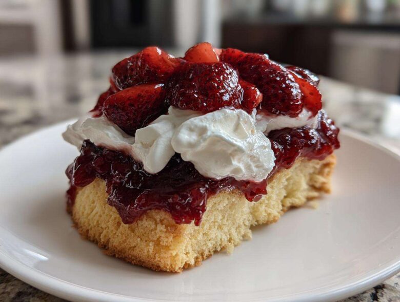 Close-up of a fluffy square of shortcake topped with macerated strawberries and whipped cream.