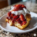 A close-up of a fluffy shortcake slice topped generously with macerated strawberries and whipped cream.