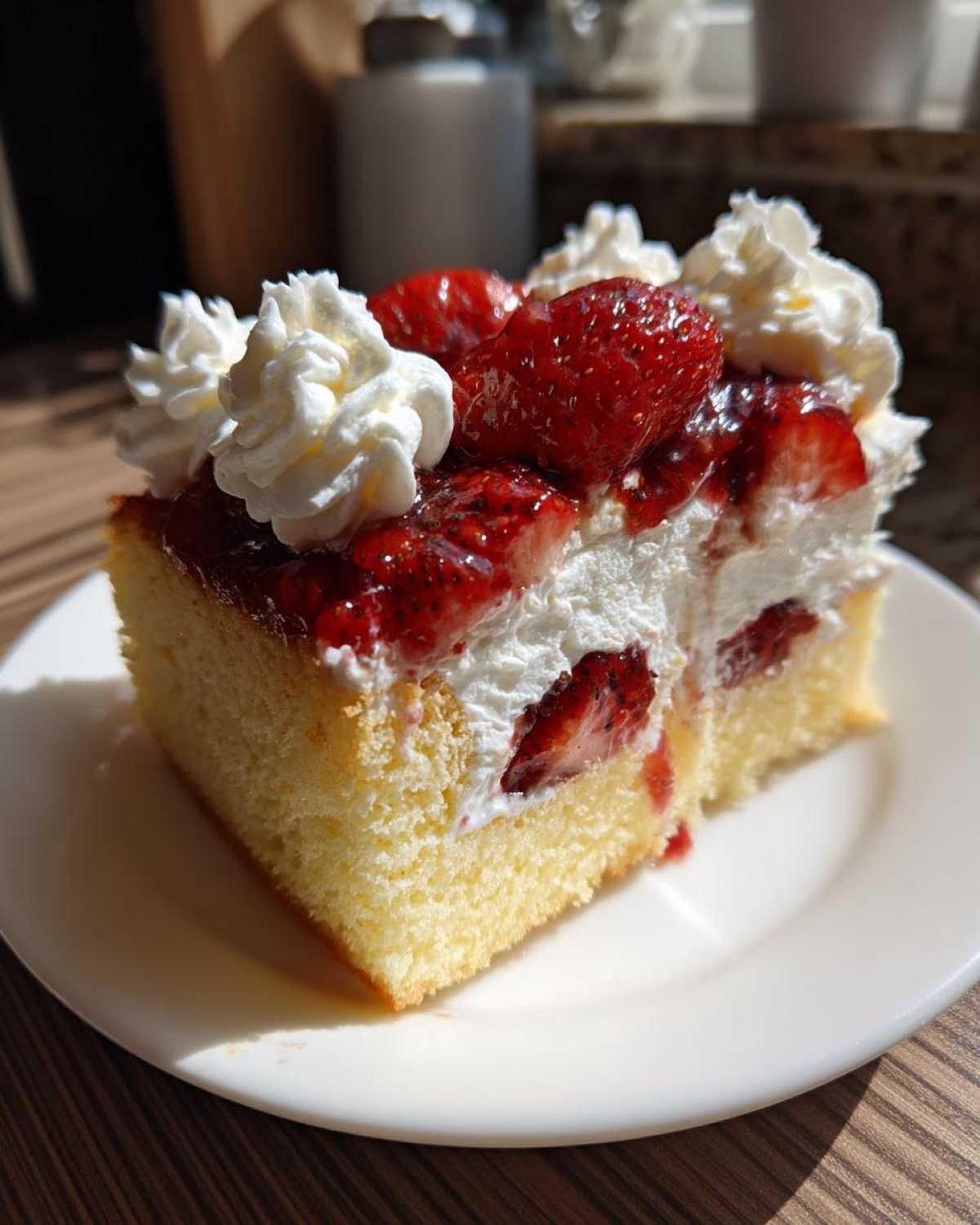 A close-up of a fluffy slice of strawberry shortcake layered with whipped cream and fresh strawberries.