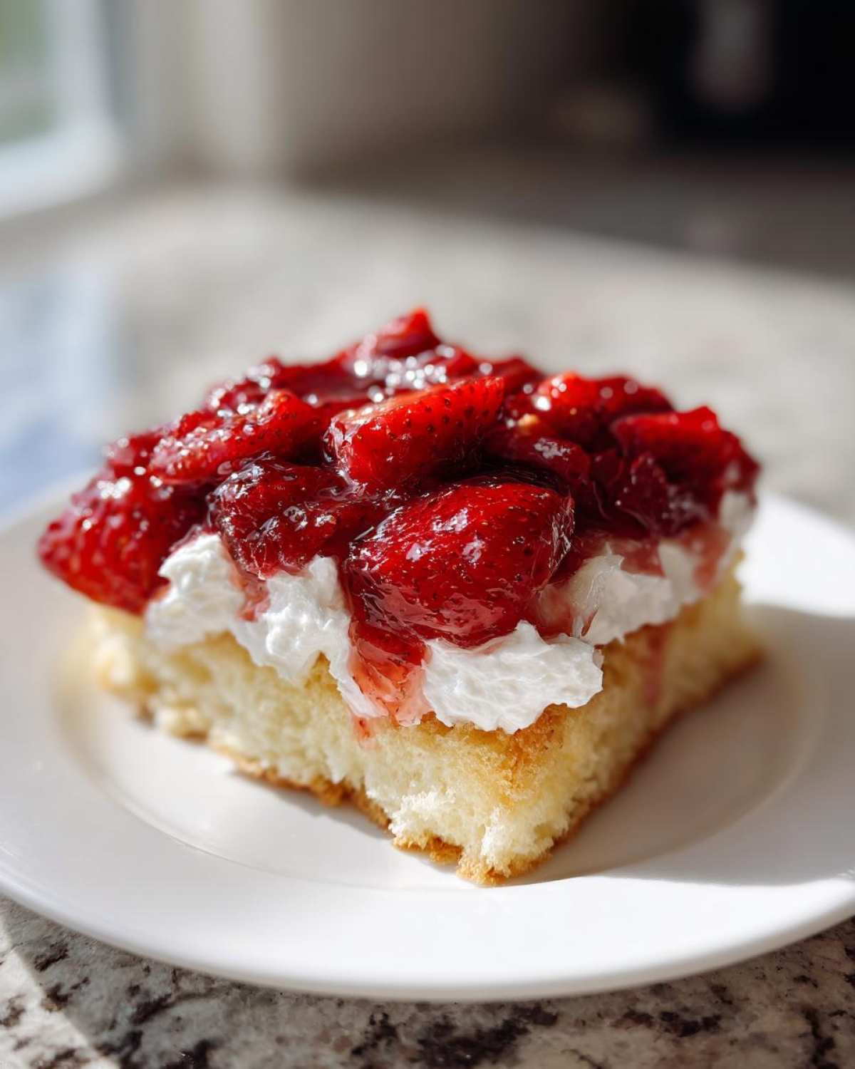 A square slice of fluffy, golden shortcake topped with whipped cream and glazed strawberries, served on a white plate.