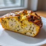 Cross-section of a juicy baked chicken breast, showing white meat speckled with green herbs and a golden-brown crust.