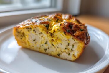 Cross-section of a juicy baked chicken breast, showing white meat speckled with green herbs and a golden-brown crust.
