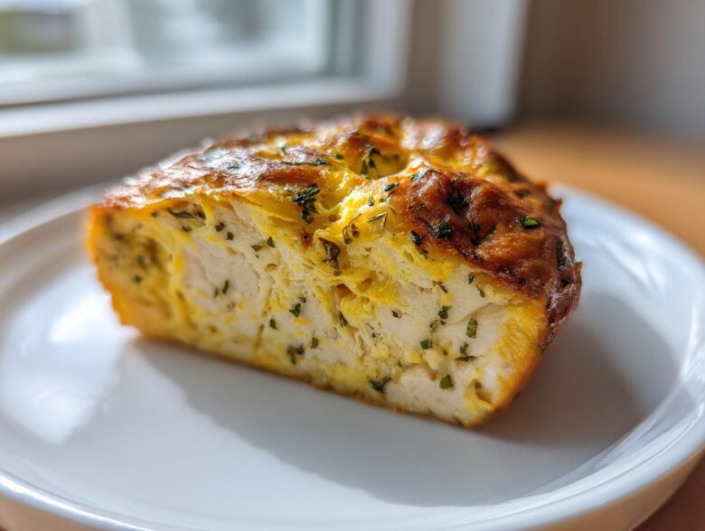 Cross-section of a juicy baked chicken breast, showing white meat speckled with green herbs and a golden-brown crust.