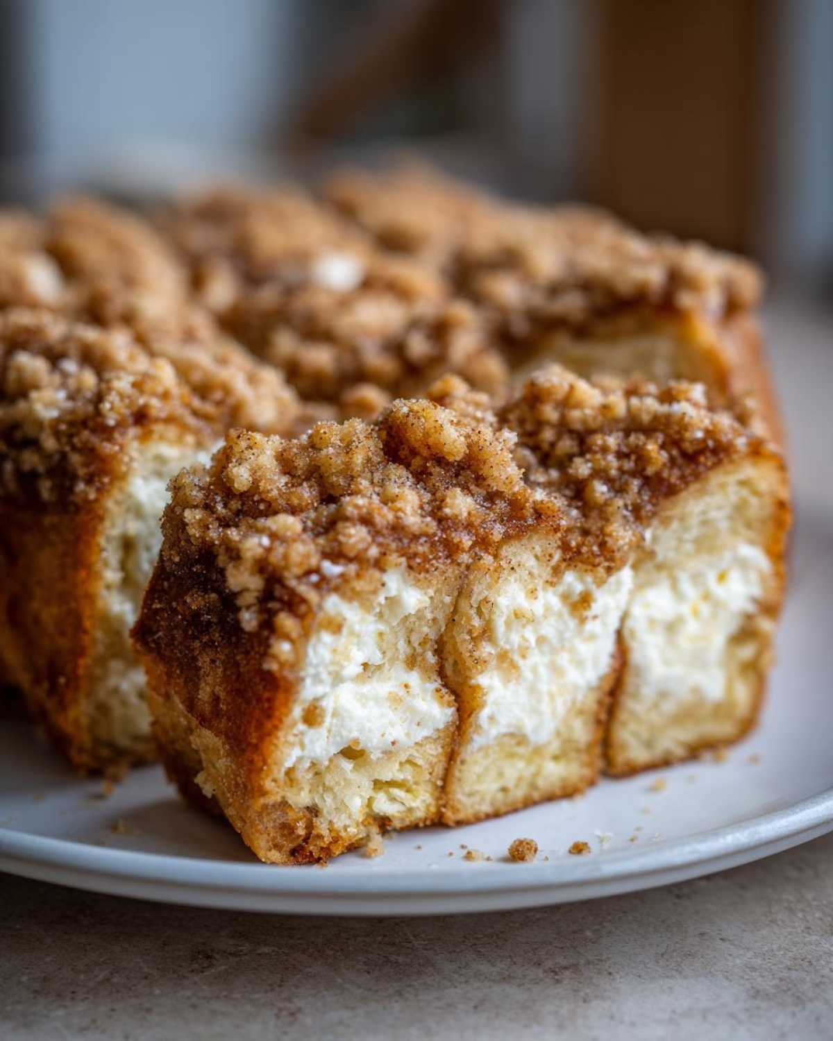 Close-up of a slice of french toast casserole showing a thick layer of cream cheese filling and a cinnamon streusel topping.
