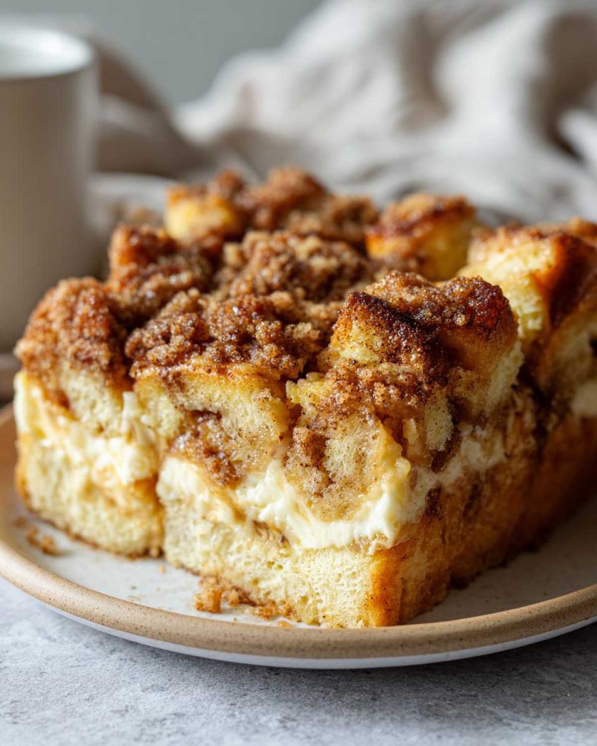 A close-up of a serving of baked french toast casserole with a thick cream cheese layer and cinnamon streusel topping.