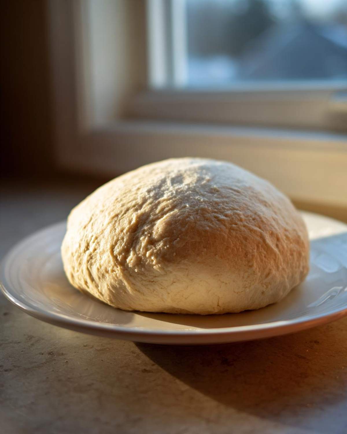 A smooth, round ball of freshly prepared fufu dough resting on a white plate, illuminated by sunlight.