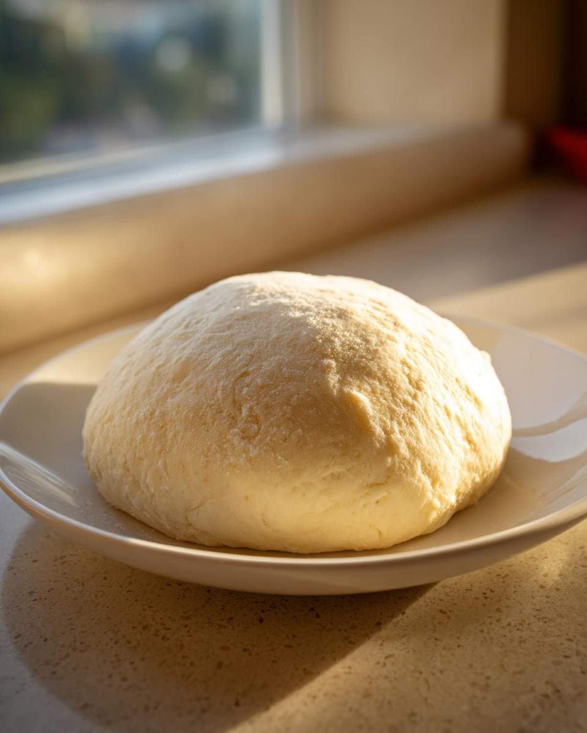 A smooth, pale mound of freshly prepared fufu dough resting on a white plate near a sunlit window.