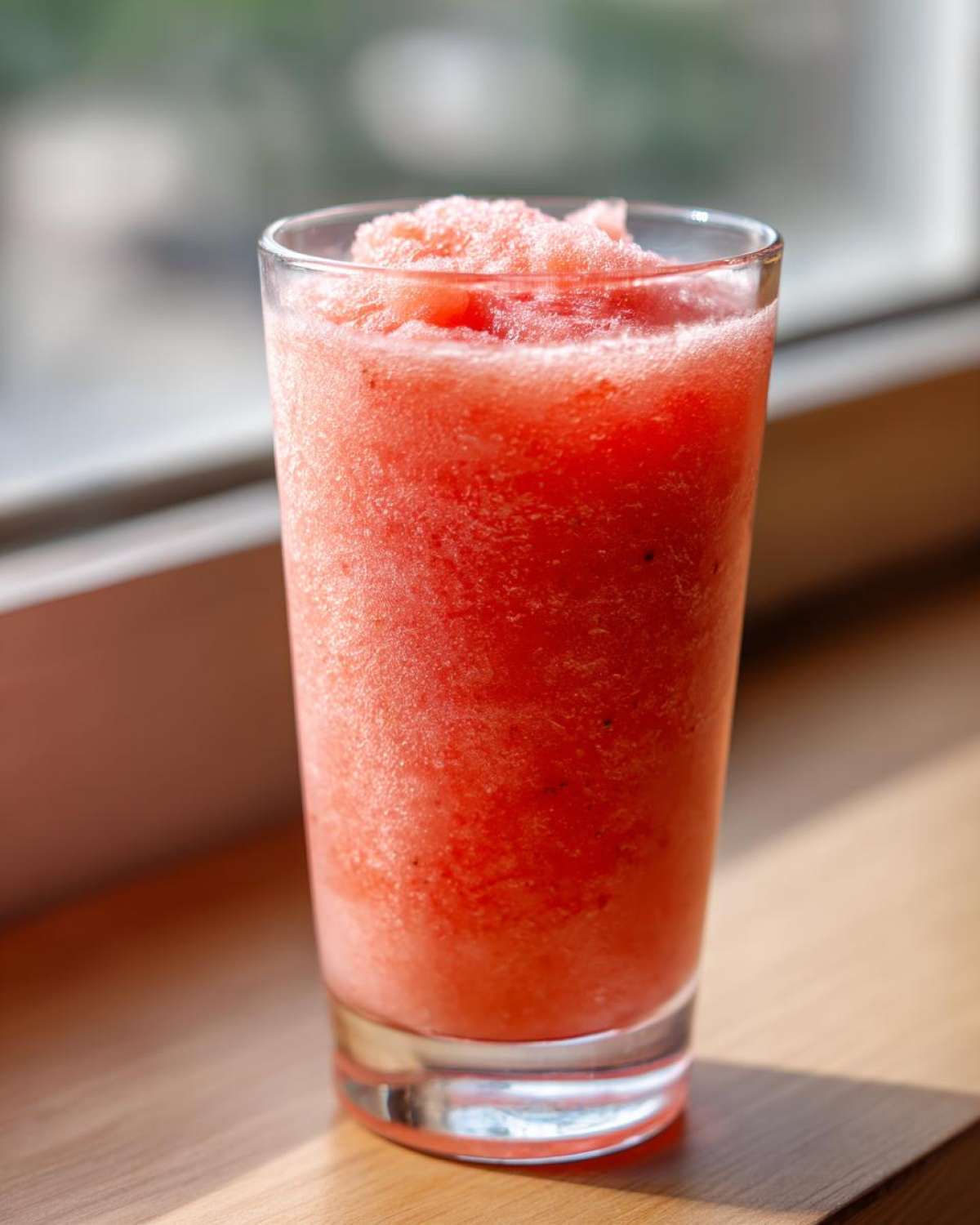 Close-up of a tall glass filled with bright red, icy frozen strawberry daiquiri mixture.