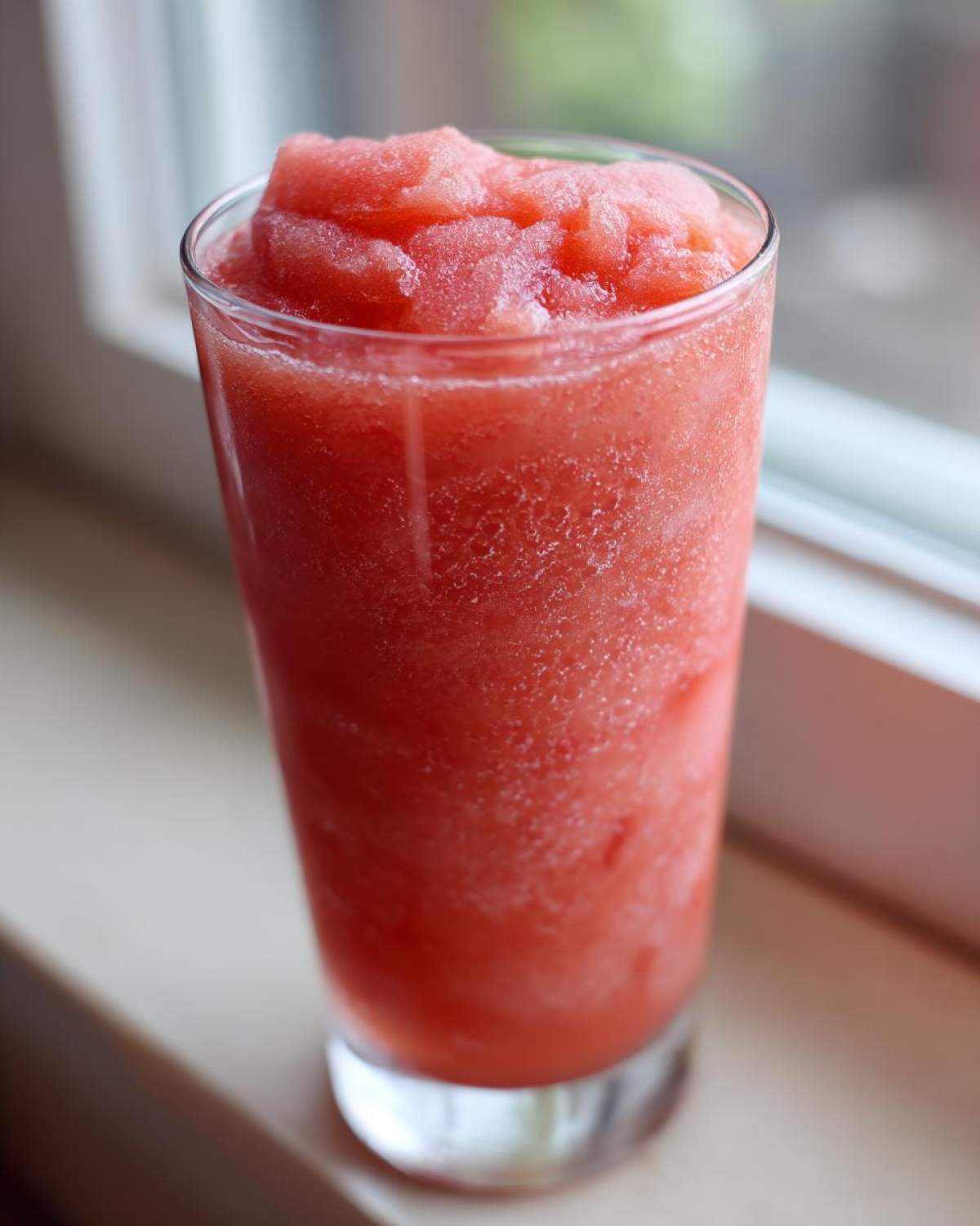 A tall glass filled with a thick, frozen strawberry daiquiri, showing the icy texture piled high.