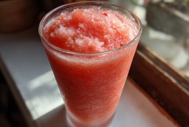 Close-up of a tall glass filled with a bright red, icy frozen strawberry daiquiri.