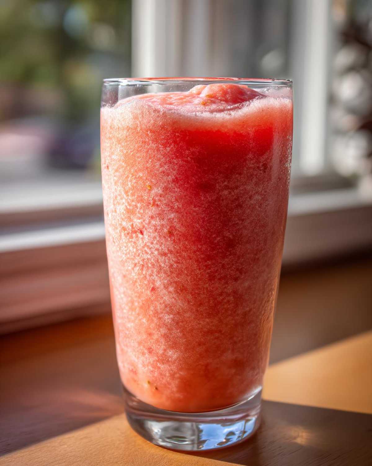 A tall glass filled with a vibrant, icy frozen strawberry daiquiri sitting on a wooden surface near a window.