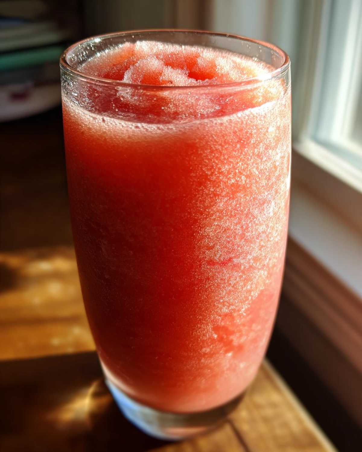 Close-up of a tall glass filled with a bright red, icy frozen strawberry daiquiri, catching sunlight near a window.