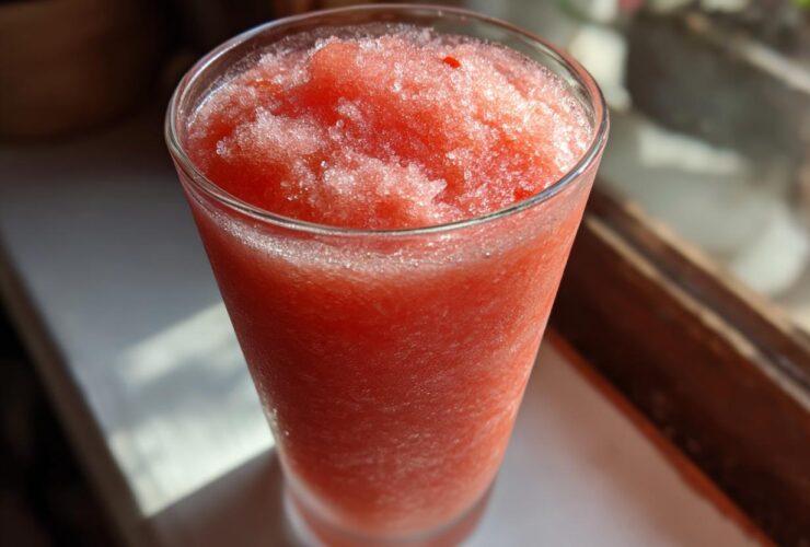 Close-up of a tall glass filled with a bright red, icy frozen strawberry daiquiri.