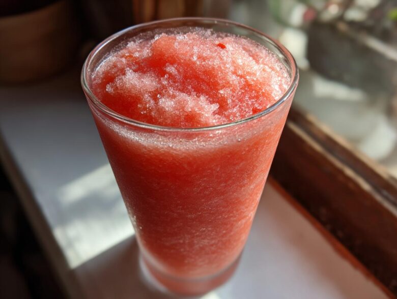 Close-up of a tall glass filled with a bright red, icy frozen strawberry daiquiri.