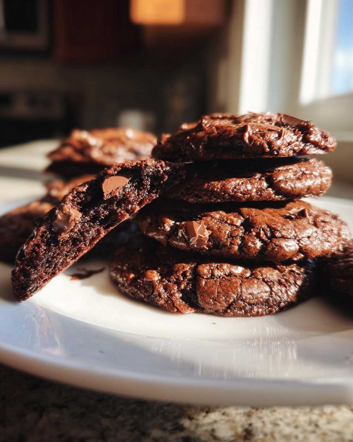 A stack of rich, dark chocolate andes mint cookies with one cookie broken open showing a gooey center.