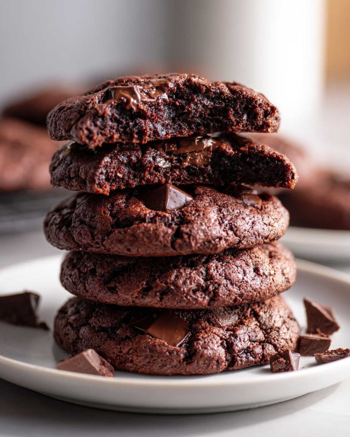 A stack of four rich, dark chocolate andes mint cookies, with the top one broken open showing a gooey center.