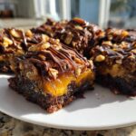 A plate of rich, fudgy Turtle brownies layered with gooey caramel, topped with pecans, and drizzled with chocolate ganache.