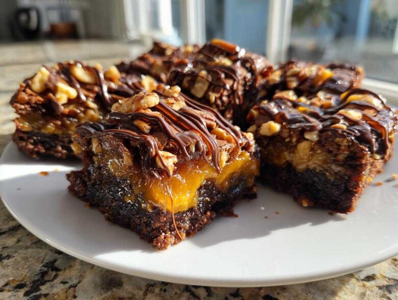 A plate of rich, fudgy Turtle brownies layered with gooey caramel, topped with pecans, and drizzled with chocolate ganache.