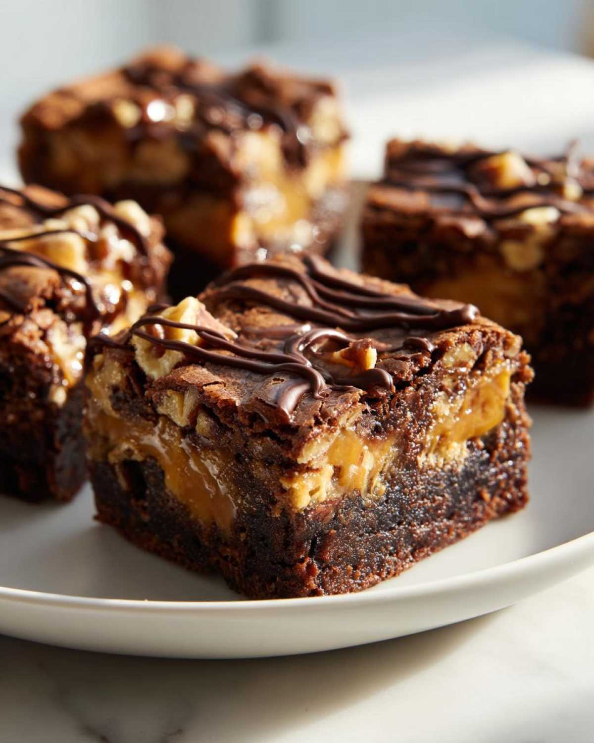 Close-up of a fudgy turtle brownies square showing a thick caramel layer, topped with pecans and chocolate drizzle.
