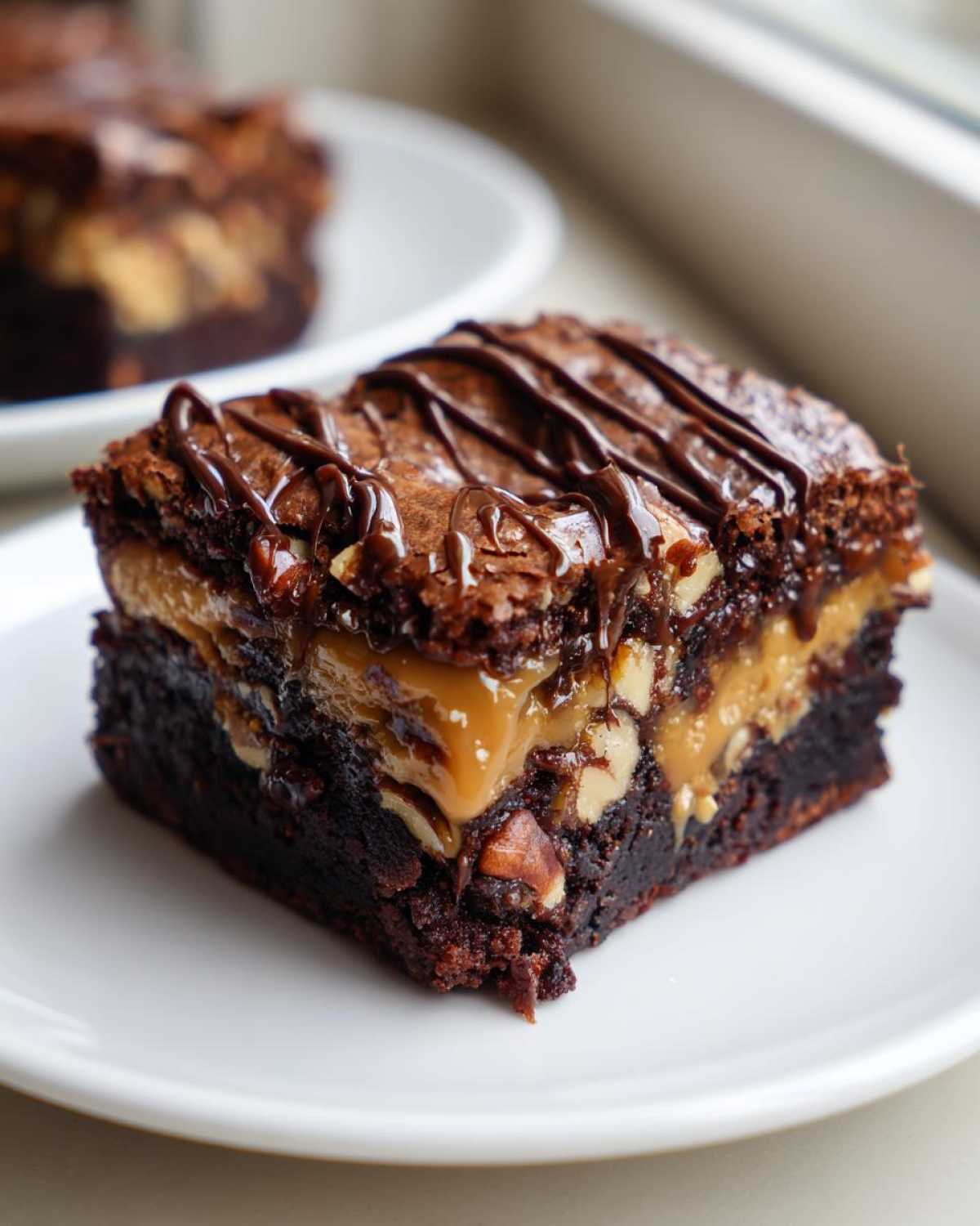 Close-up of a fudgy square of turtle brownies with gooey caramel, pecans, and chocolate drizzle.