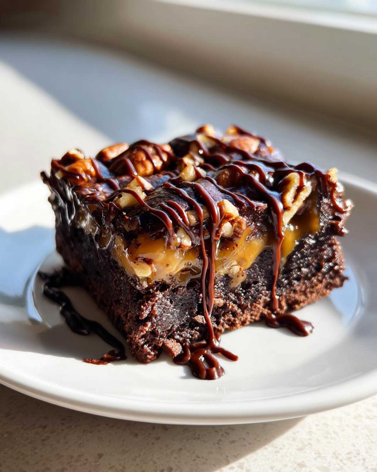 A decadent, fudgy turtle brownie square topped with gooey caramel, pecans, and drizzled with chocolate sauce.