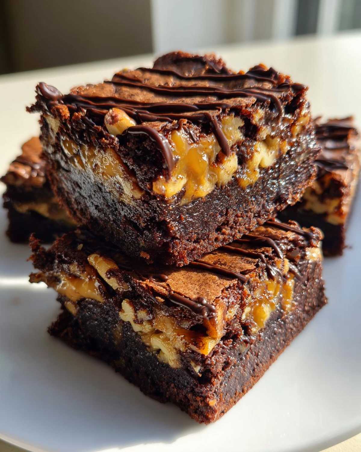 Close-up of stacked, fudgy Turtle Brownies featuring a thick layer of gooey caramel and pecans, drizzled with dark chocolate.