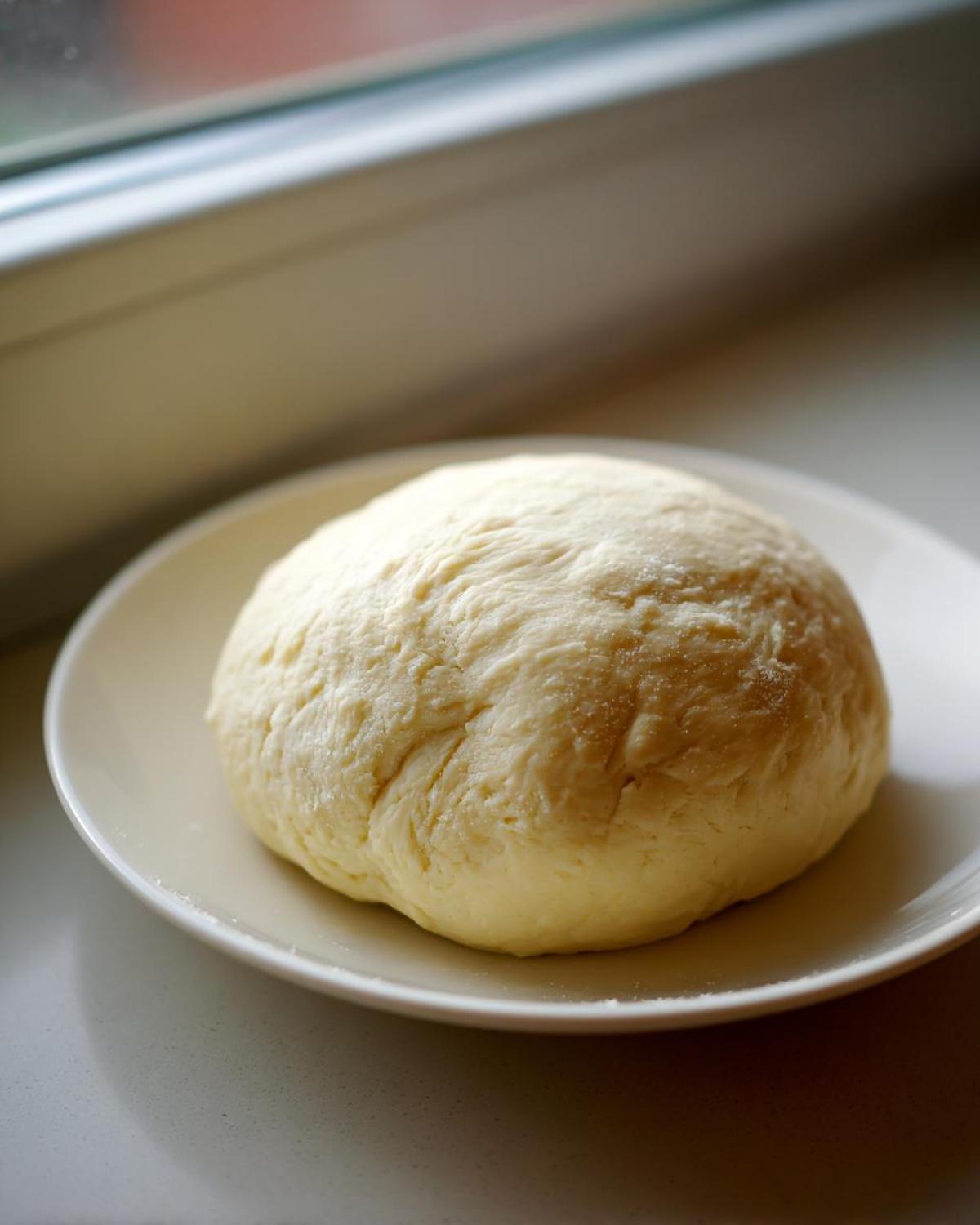 A smooth, pale yellow ball of dough, likely for fufu, resting on a white plate near a window.