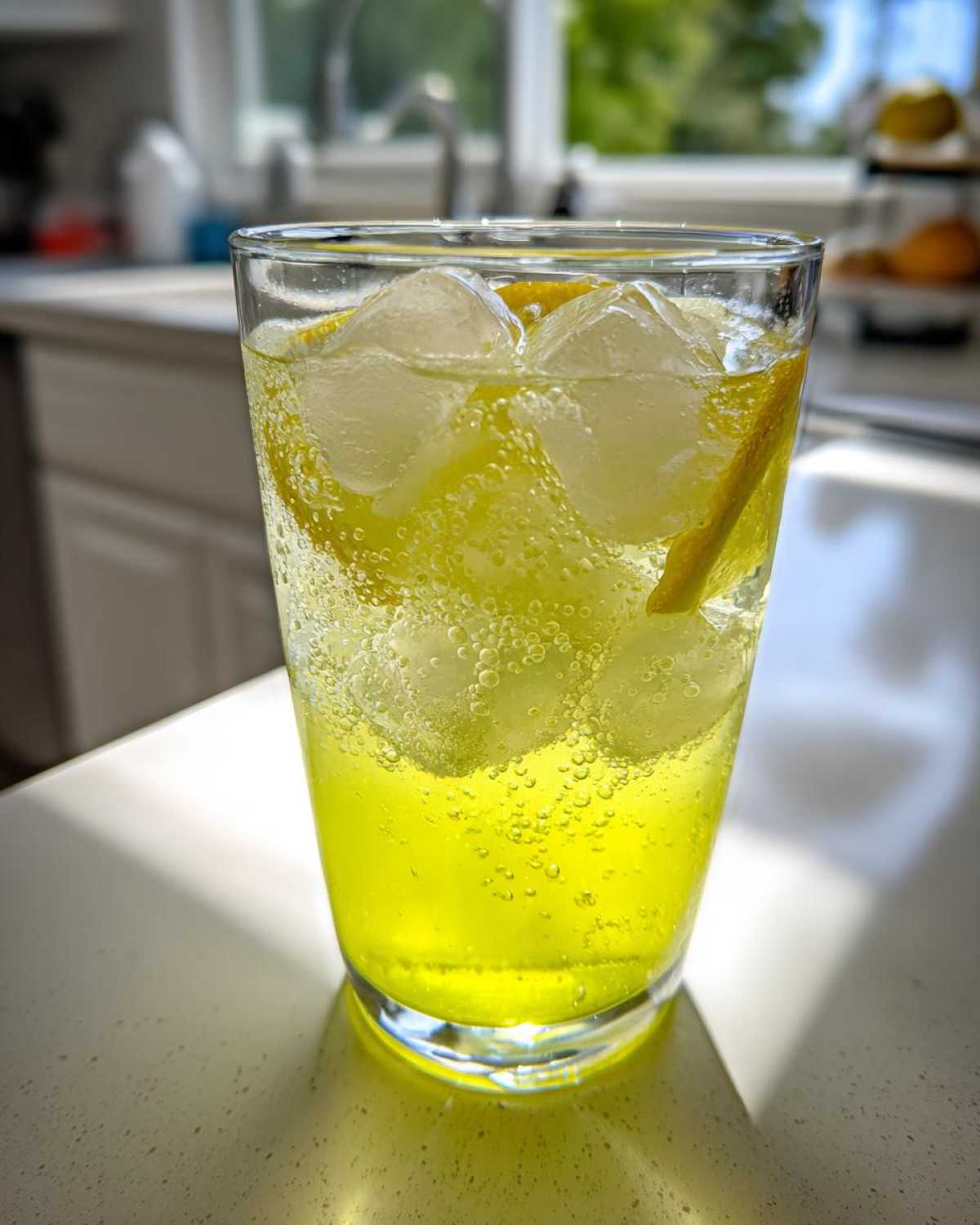 Close-up of a tall glass filled with bubbly, bright yellow lemonade, ice cubes, and lemon slices.