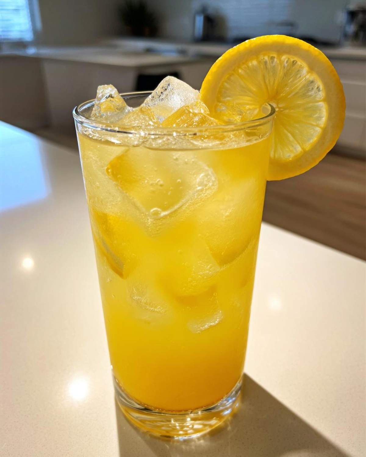 A tall glass filled with bright yellow, icy lemonade, garnished with a fresh lemon slice.