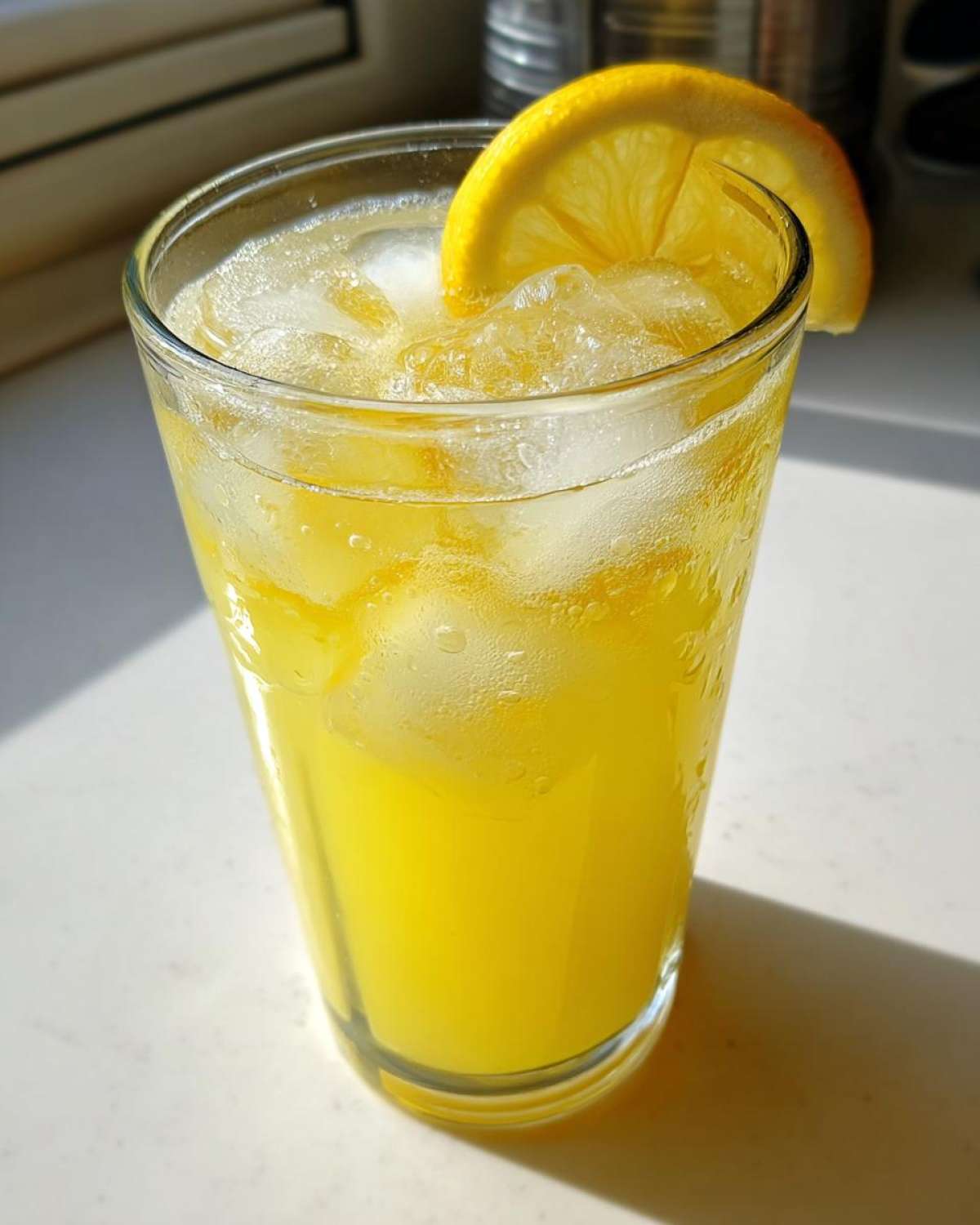 A tall glass filled with bright yellow, icy lemonade, garnished with a fresh lemon slice.