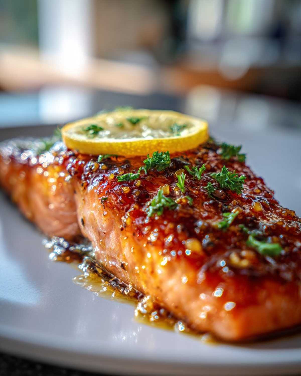 Close-up of a beautifully glazed baked salmon recipe fillet topped with a lemon slice and fresh parsley.