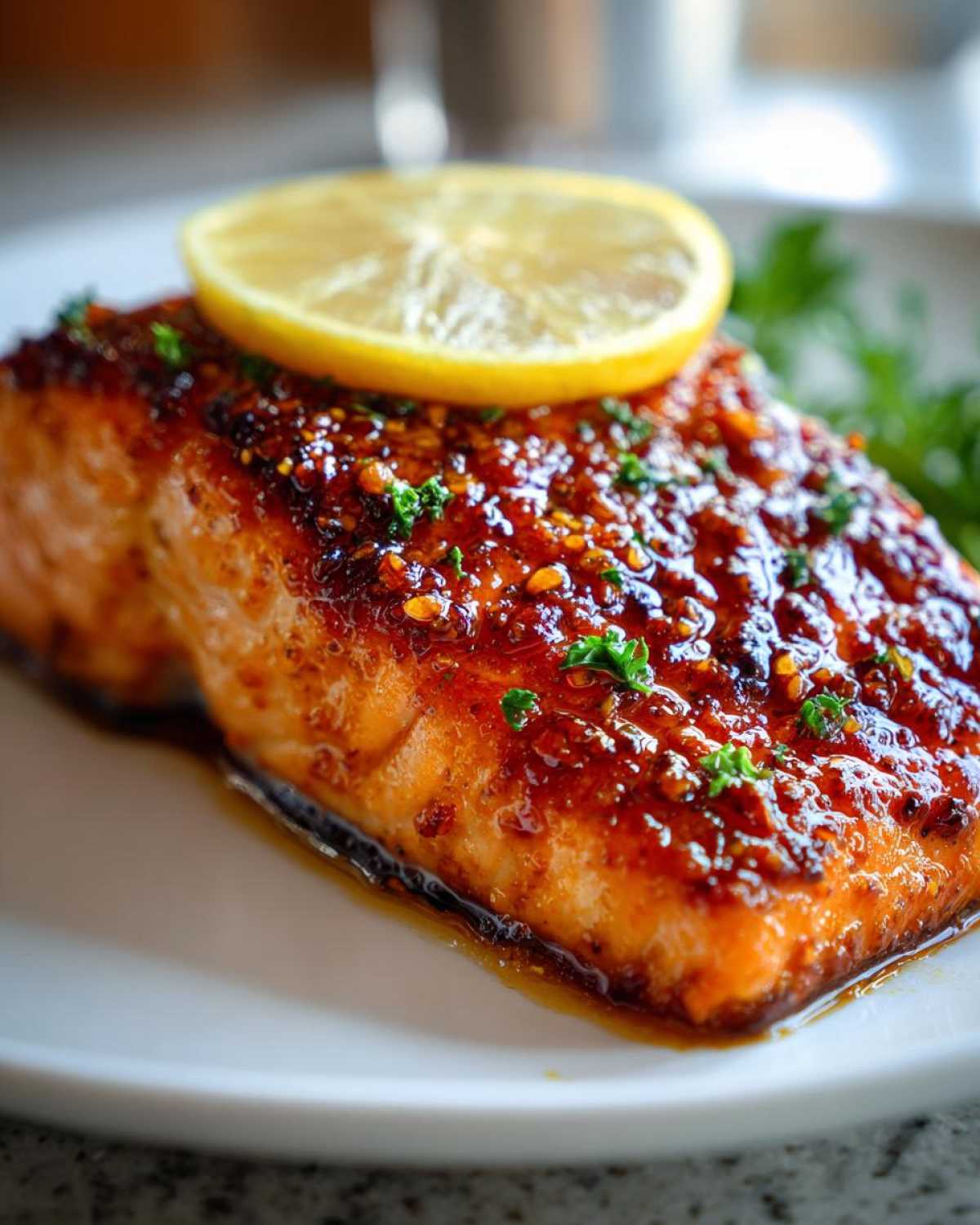Close-up of a perfectly cooked baked salmon recipe fillet with a shiny, dark glaze and a lemon slice.