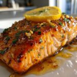 Close-up of a perfectly glazed baked salmon recipe fillet topped with a lemon slice and fresh herbs.