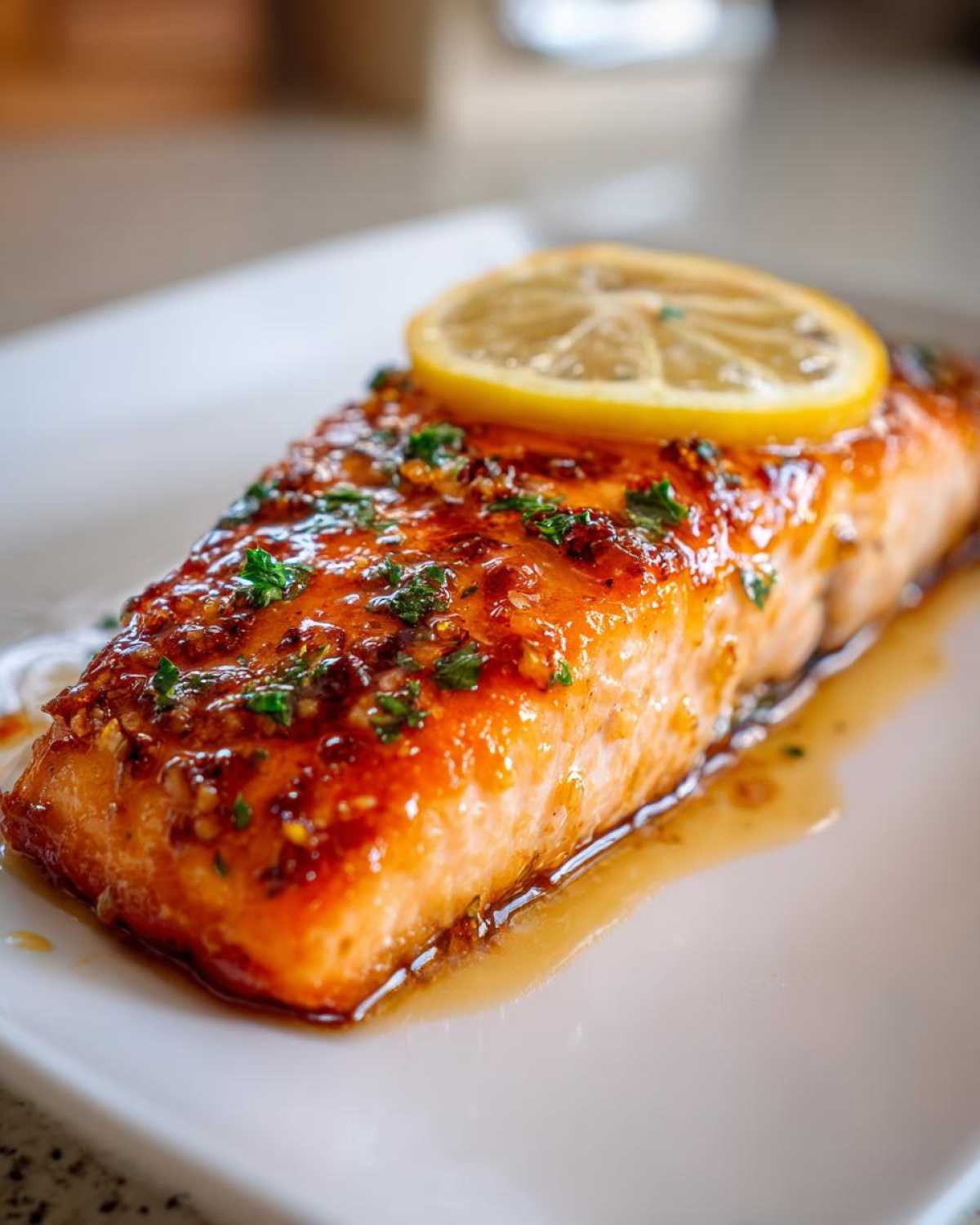 Close-up of a perfectly baked salmon recipe fillet with a shiny glaze, herbs, and a lemon slice garnish.