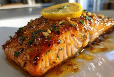 Close-up of a perfectly glazed baked salmon recipe fillet topped with a lemon slice and fresh herbs.