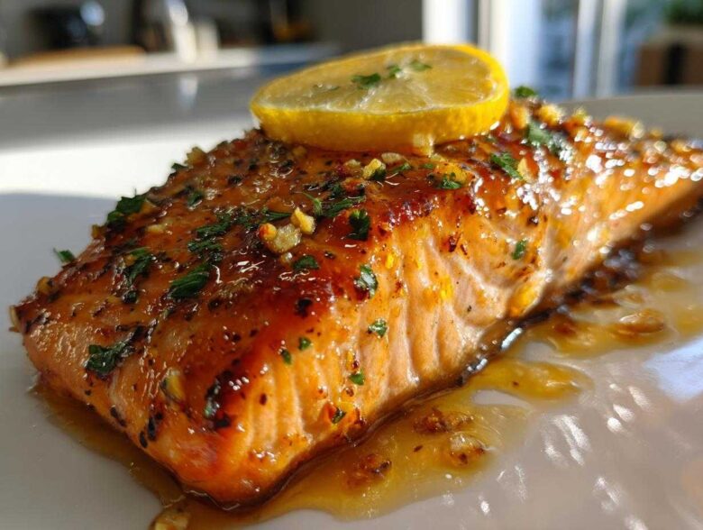 Close-up of a perfectly glazed baked salmon recipe fillet topped with a lemon slice and fresh herbs.