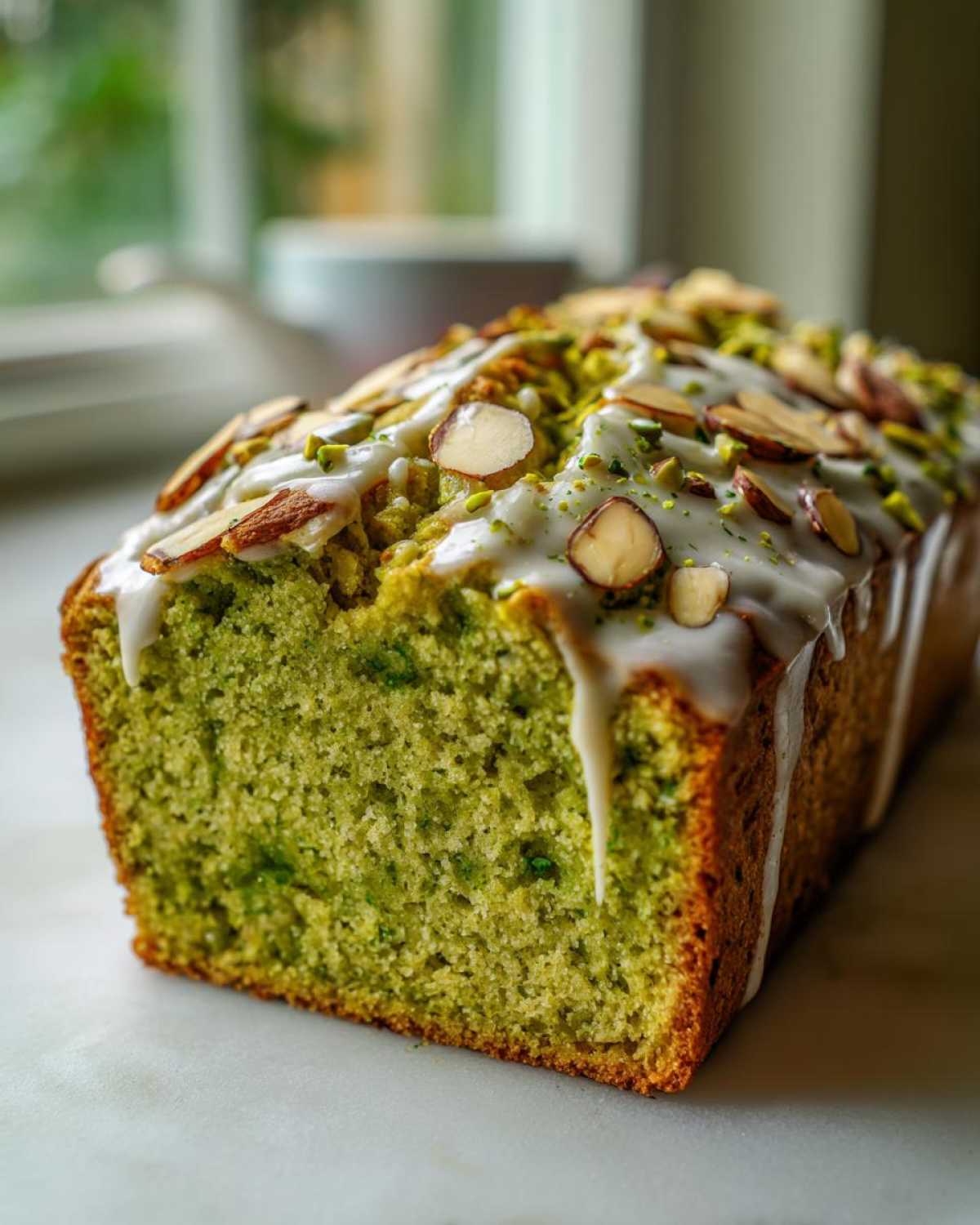 A close-up view of a vibrant green pistachio bread loaf, drizzled with white icing and topped with sliced almonds.
