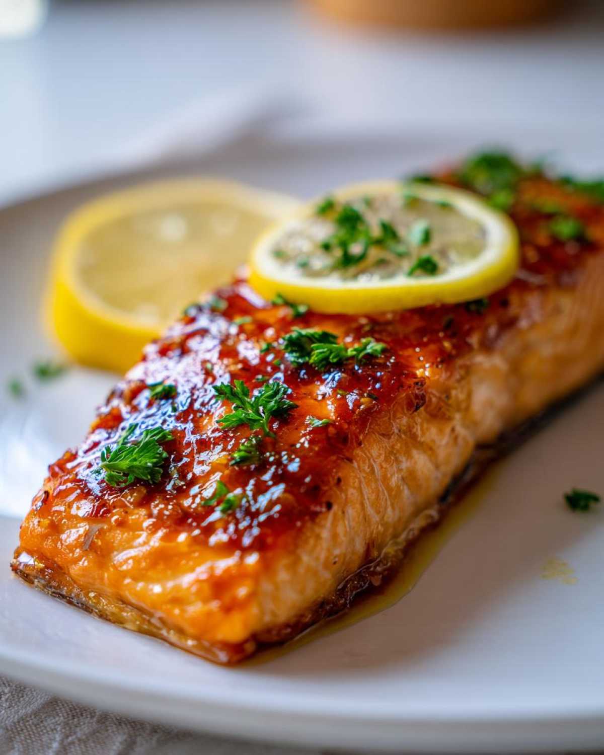 Close-up of a perfectly cooked, glazed salmon fillet garnished with parsley and a lemon slice, perfect for a baked salmon recipe.