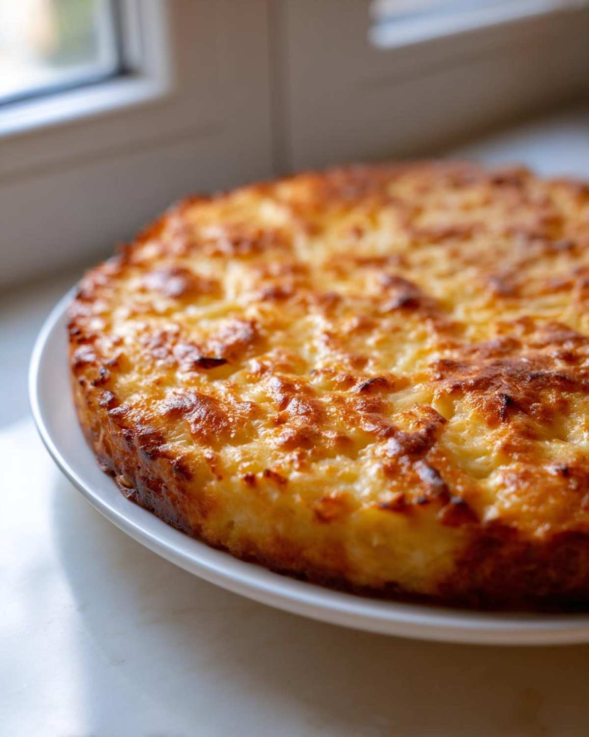 A freshly baked, round keto pizza crust with a golden, bubbly, and browned cheese top, resting on a white plate near a window.