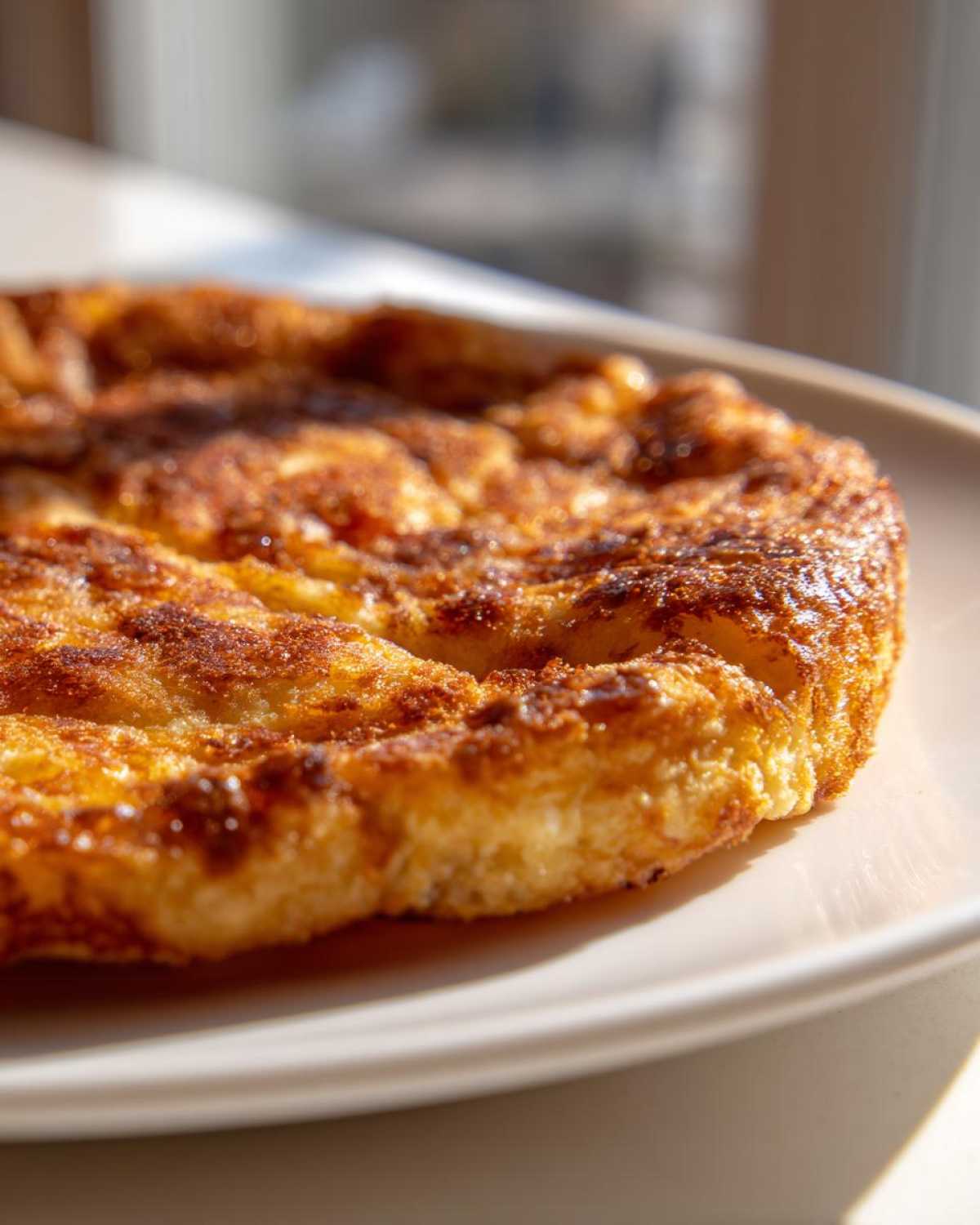 Close-up of a golden brown, slightly charred 4-ingredient keto pizza crust resting on a light-colored plate.