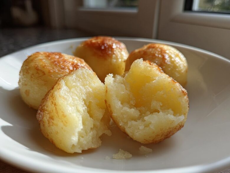 Close-up of fluffy, golden-brown potato dumplings, one split open to show the soft interior.