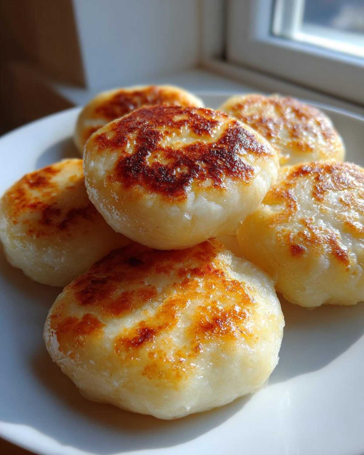 Close-up of several golden brown, pan-fried potato dumplings stacked slightly on a white plate.