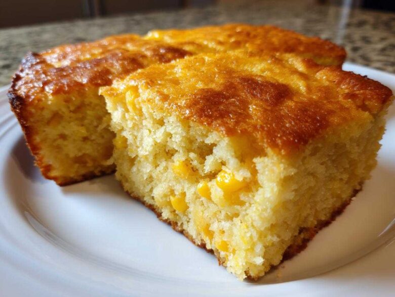 Close-up of a moist, golden slice of jiffy corn casserole showing whole corn kernels baked inside.