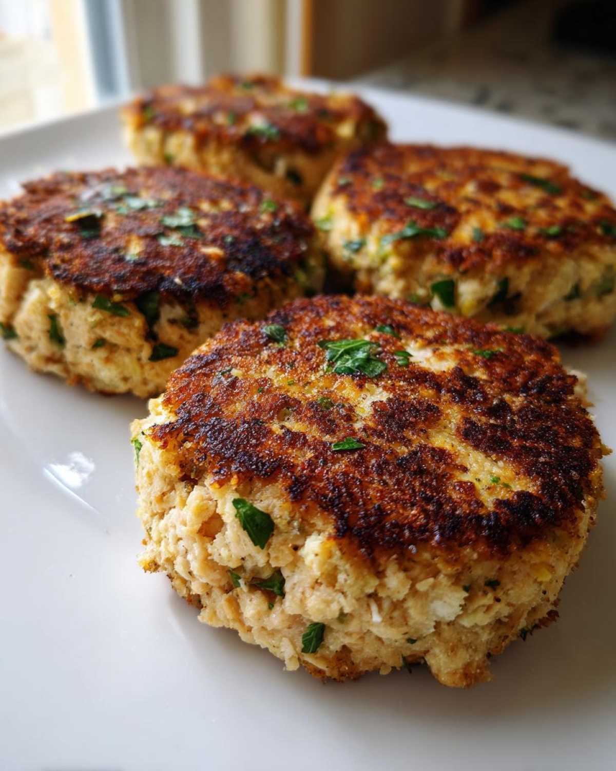 Four perfectly pan-fried tuna fish cakes with a golden-brown crust and flecks of parsley on a white plate.