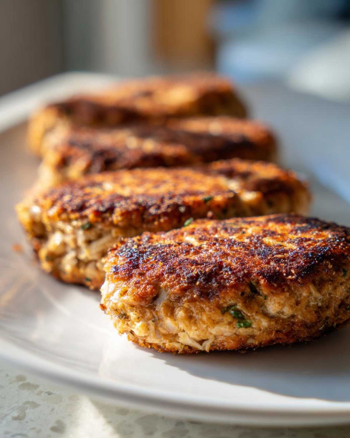 Close-up of four perfectly pan-fried tuna fish cakes with a crispy, golden-brown crust, resting on a white plate.