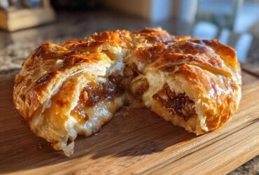 A golden brown, flaky pastry wrapped baked brie, cut open to show the melted cheese and caramelized topping.