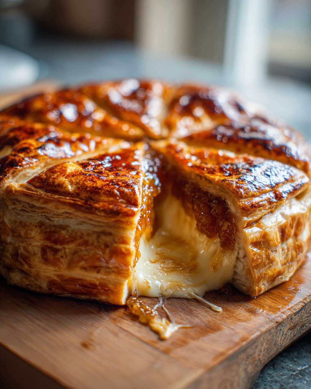 Close-up of a golden, flaky baked brie wrapped in puff pastry, oozing melted cheese.